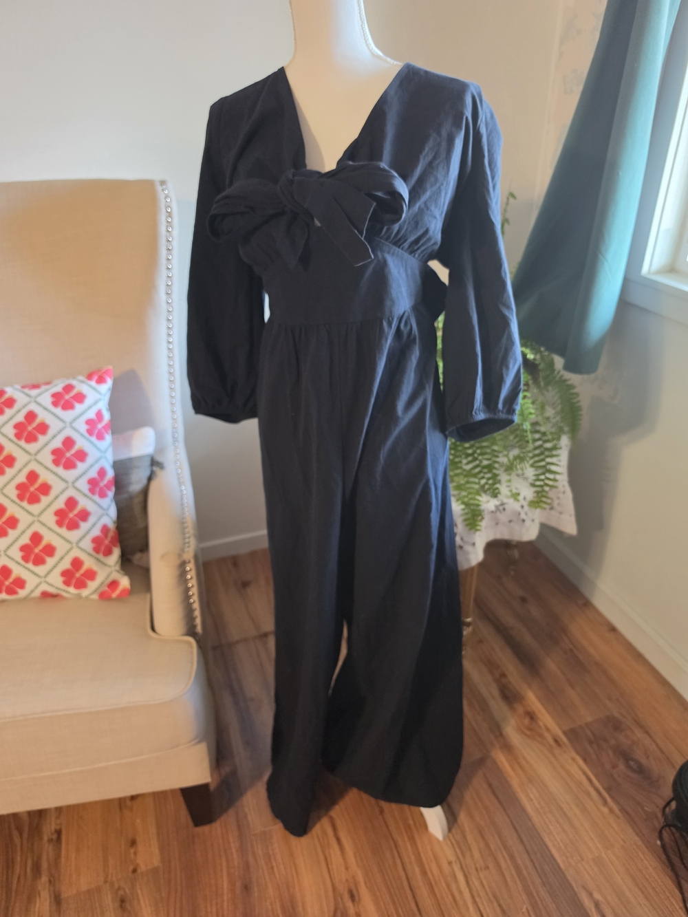 100% Cotton Black Jumpsuit with Front Tie Bow